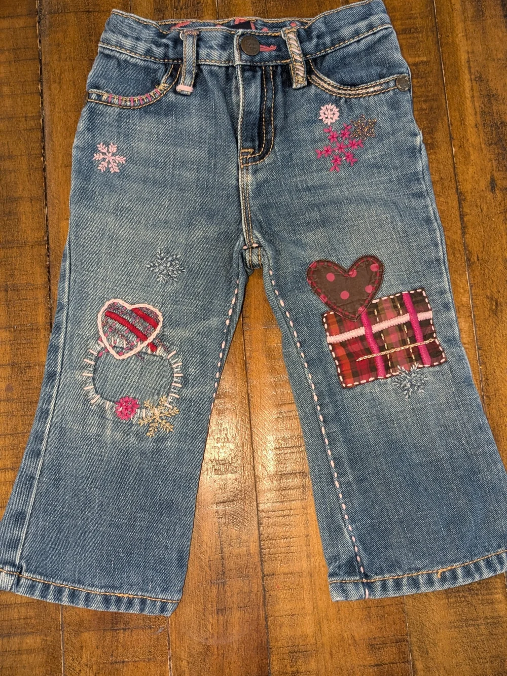 Girls BABY GAP 18-24m Denim Snowflake Plaid Patch Heart Jeans